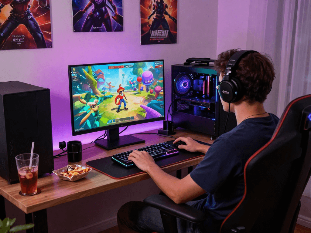 Adult game enthusiast enjoying dynamic gameplay in a cozy gaming setup.