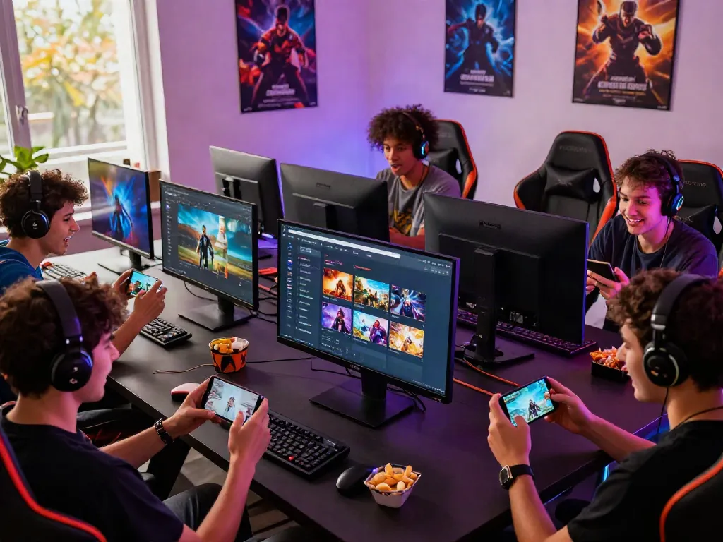 Excited friends enjoying DEBET online gaming experience in a vibrant room.