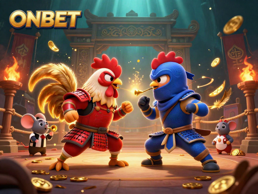 Engage in thrilling battles with ONBET's cartoon roosters amidst a rich casino-themed arena.