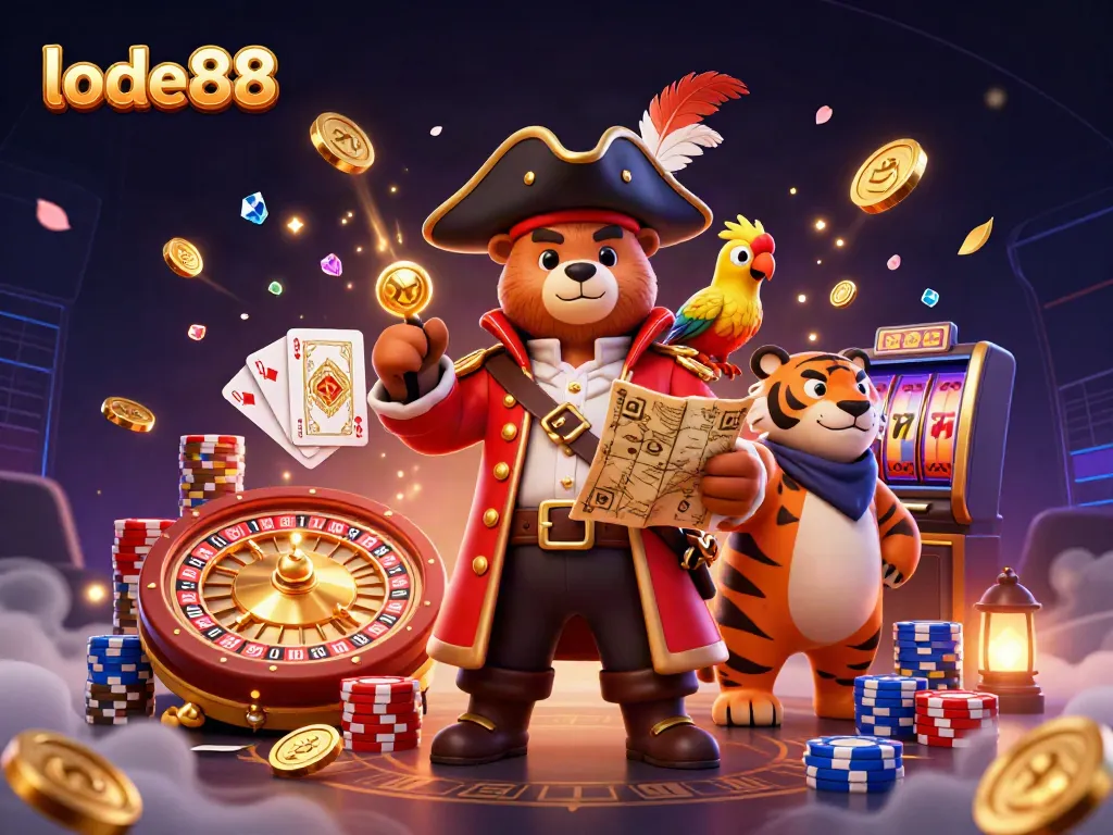 lode88 casino adventure features a pirate bear and tiger among sparkling treasures, ideal for online gaming enthusiasts