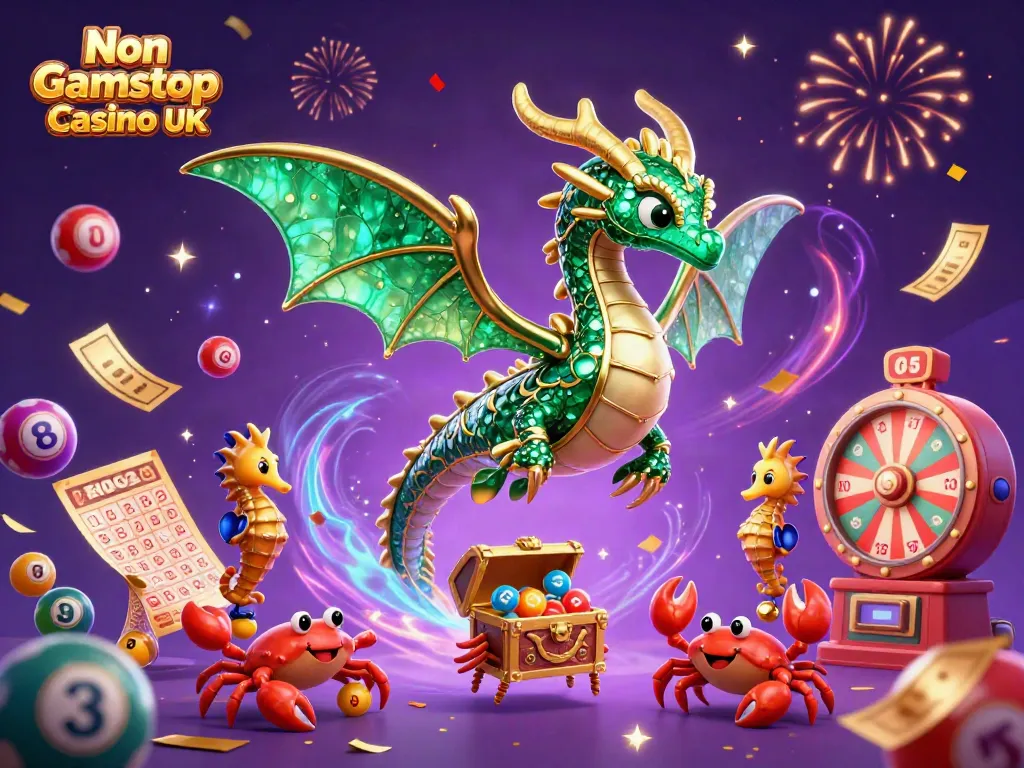 Engage at Non Gamstop Casino UK with vibrant visuals of sea dragon, lottery balls, and treasure.