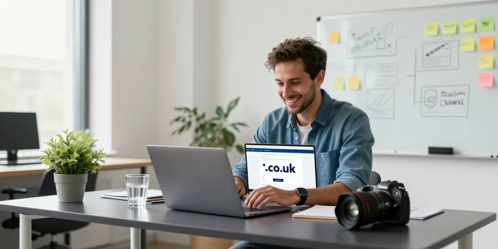 Entrepreneur registering a cheap .co.uk domain in a modern office.