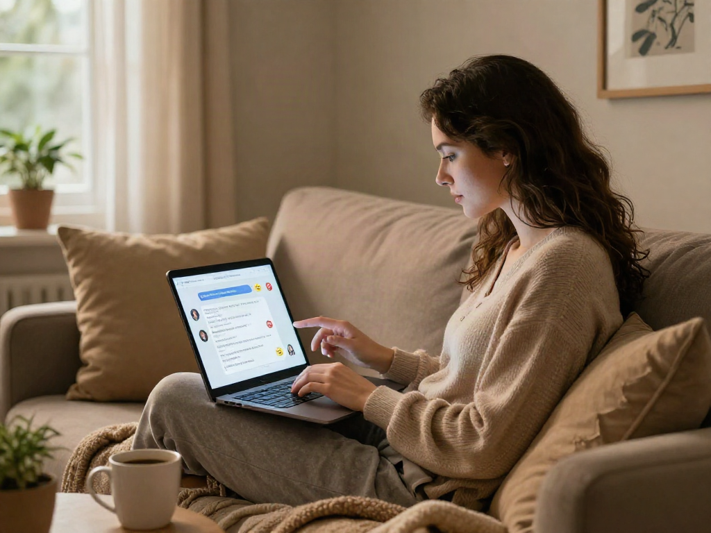 Cozy woman engaging in AI sex chat on her laptop, showcasing emotional connection and comfort.