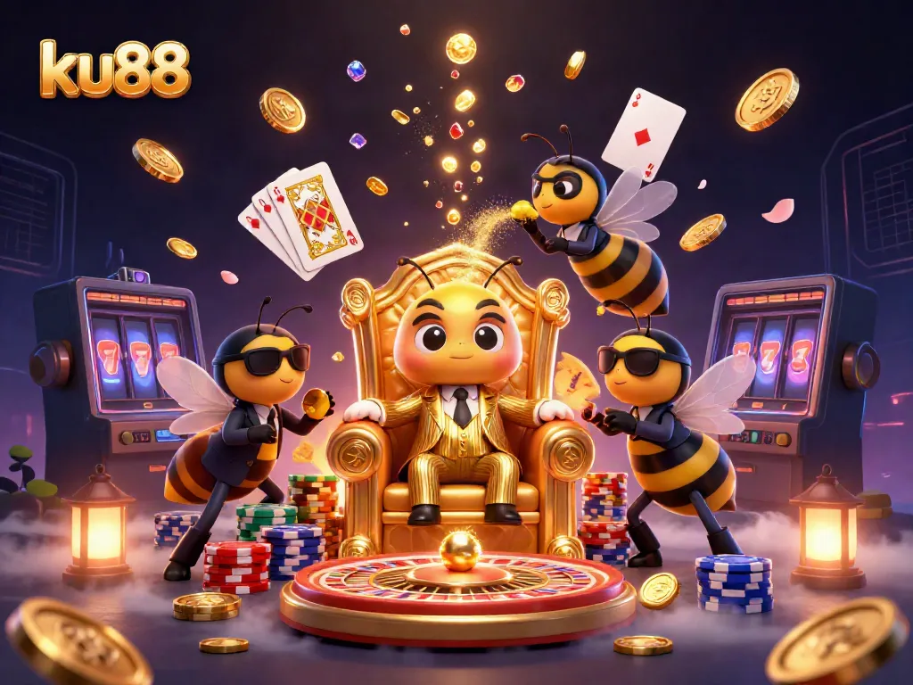 Bet big on ku88 with dynamic casino action featuring a bumblebee mob boss with golden coins and roulette wheel.