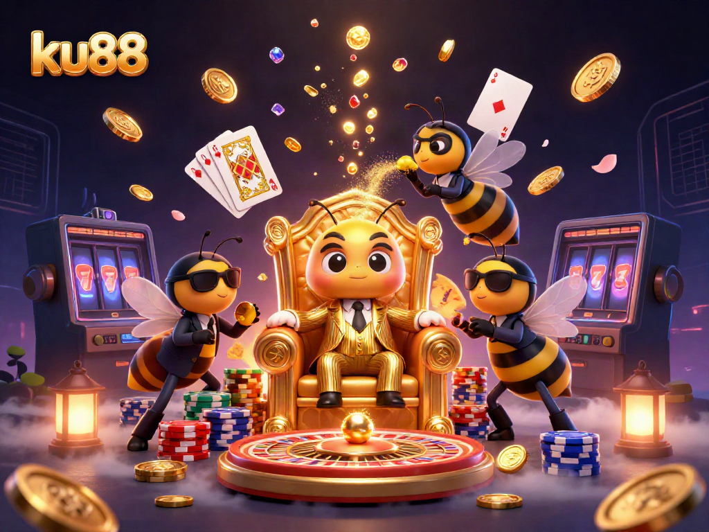 Bet big on ku88 with dynamic casino action featuring a bumblebee mob boss with golden coins and roulette wheel.