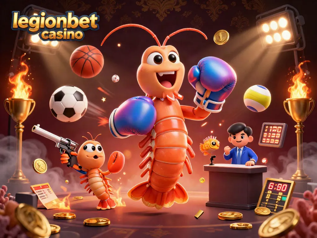 Experience thrilling action at legionbet casino with vibrant shrimp characters surrounded by dynamic sports elements.