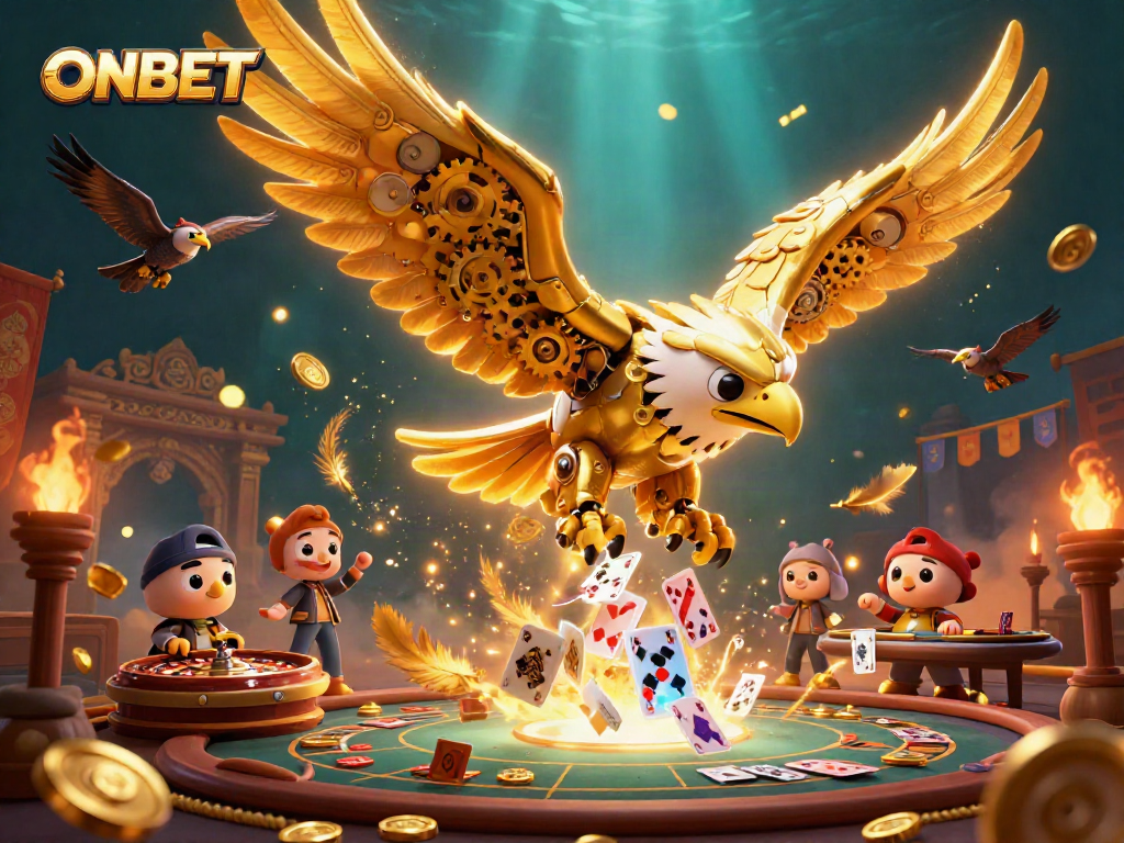 ONBET showcases thrilling gameplay with a cybernetic eagle navigating a dynamic live casino scene.