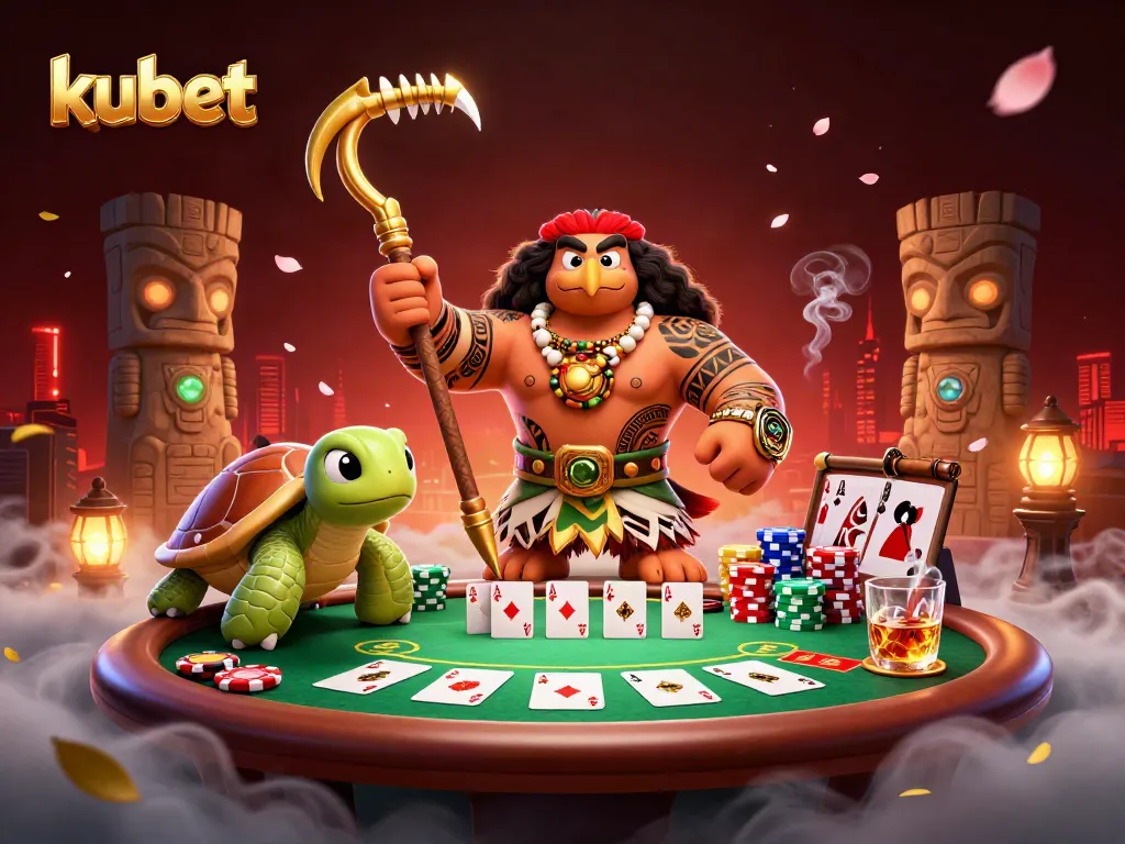 Kubet casino showcases a vibrant 3D illustration of a demigod hawk and turtle amidst poker elements, symbolizing excitement.