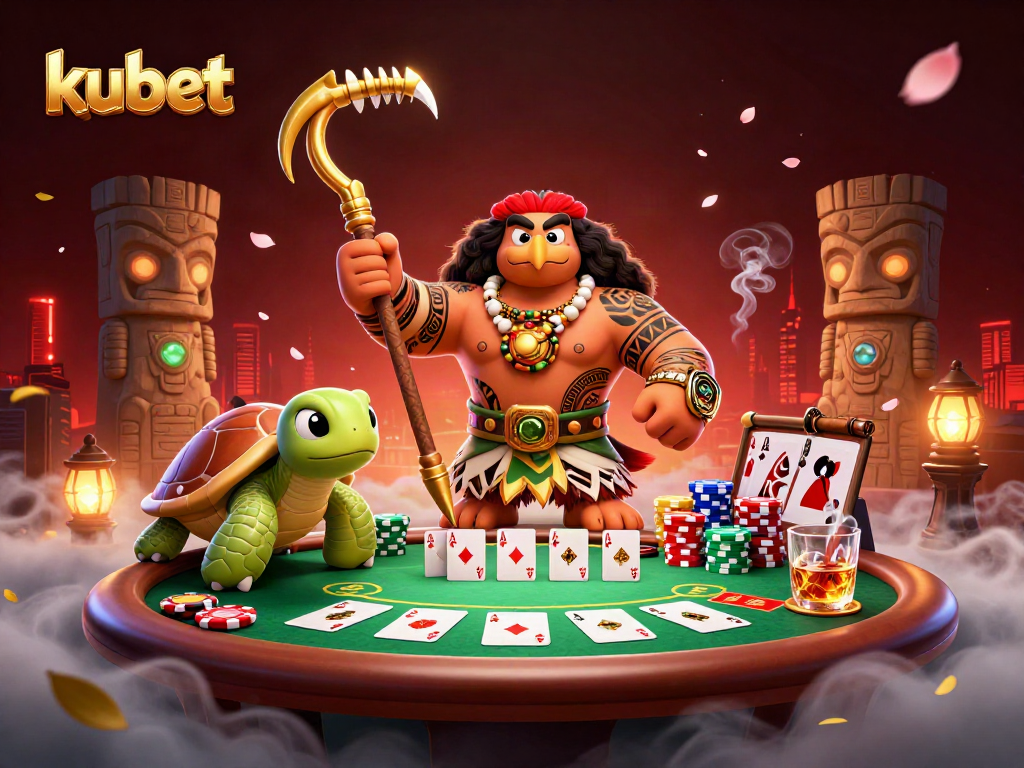 Kubet casino showcases a vibrant 3D illustration of a demigod hawk and turtle amidst poker elements, symbolizing excitement.