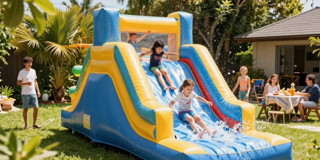 Children enjoying a slip and slide in a sunny backyard, perfect for summer fun.