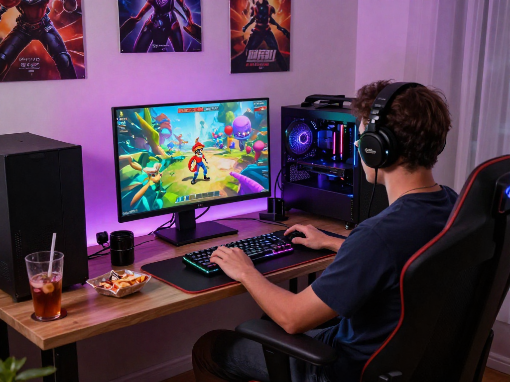 Adult game enthusiast enjoying dynamic gameplay in a cozy gaming setup.