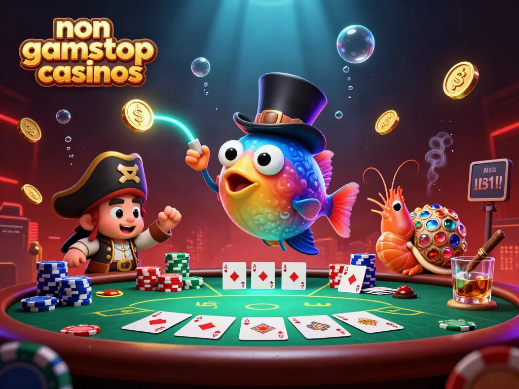 Engage with non gamstop casinos in a vibrant scene featuring a 3D anglerfish and colorful poker elements.