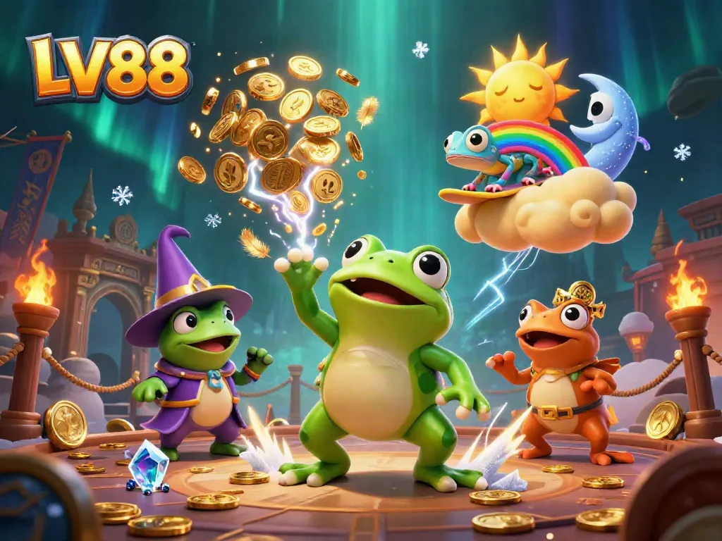 Experience the thrill of LV88 through a vibrant, magical scene filled with golden coins and dynamic characters.