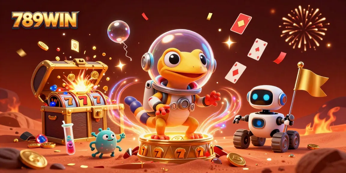 Experience dynamic gaming fun with 789WIN amidst gold coins and colorful gems.