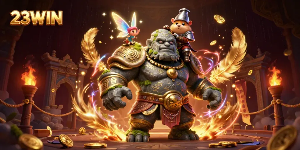 Engage with 23WIN's enchanting casino environment, featuring a magical golem and knight amidst casino elements.