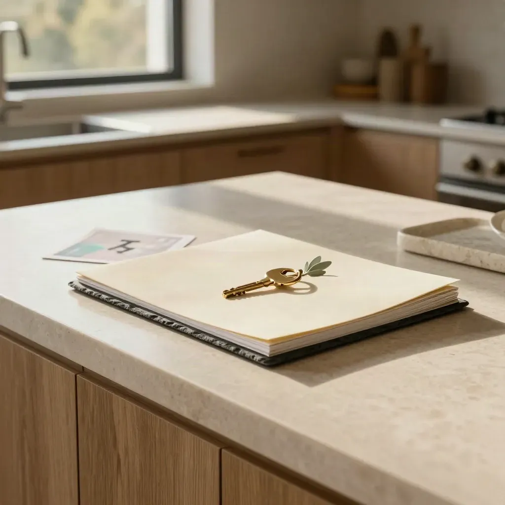 Half-open lettings folio with brass key ring and plant sprig in a bright new-build kitchen