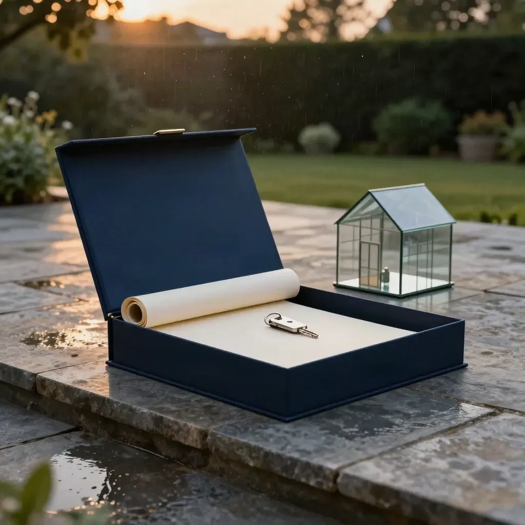 Midnight-blue property box with folio, tube, key fob and glass house model on stone terrace.