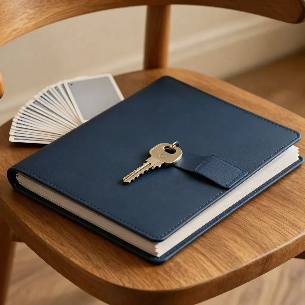 Midnight-blue folder, key and fabric swatch on an oak chair in soft warm light