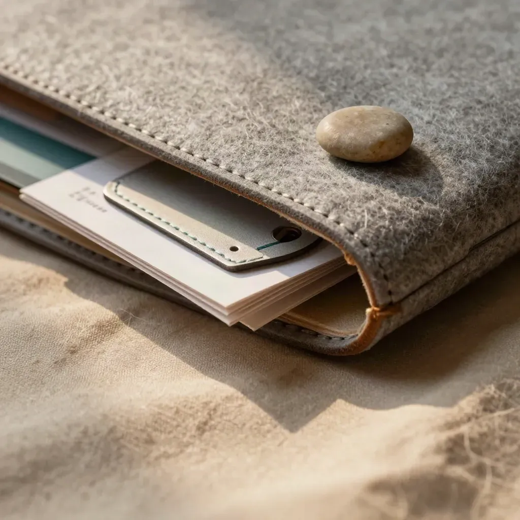 Macro of a warm grey relocation portfolio half-buried in fabric with route cards and a teal-edged tag