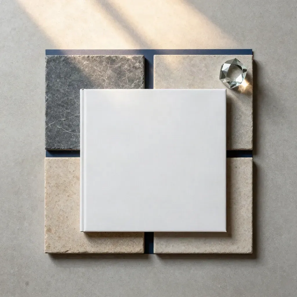 Overhead flatlay of a white Bristol home sales pack, stone tiles, and prism on pale concrete.