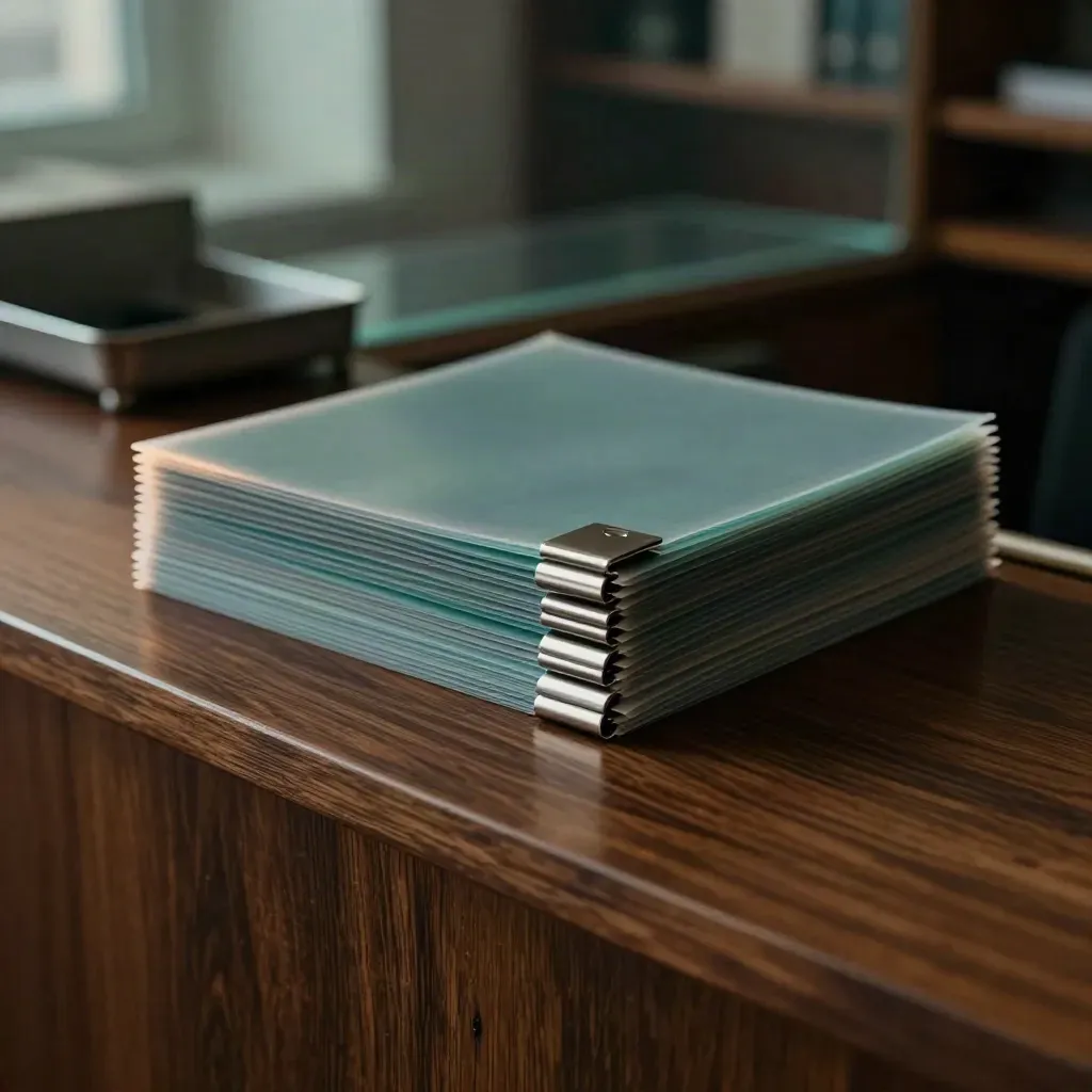Teal file bundle sliding on dark oak under dramatic light with haze
