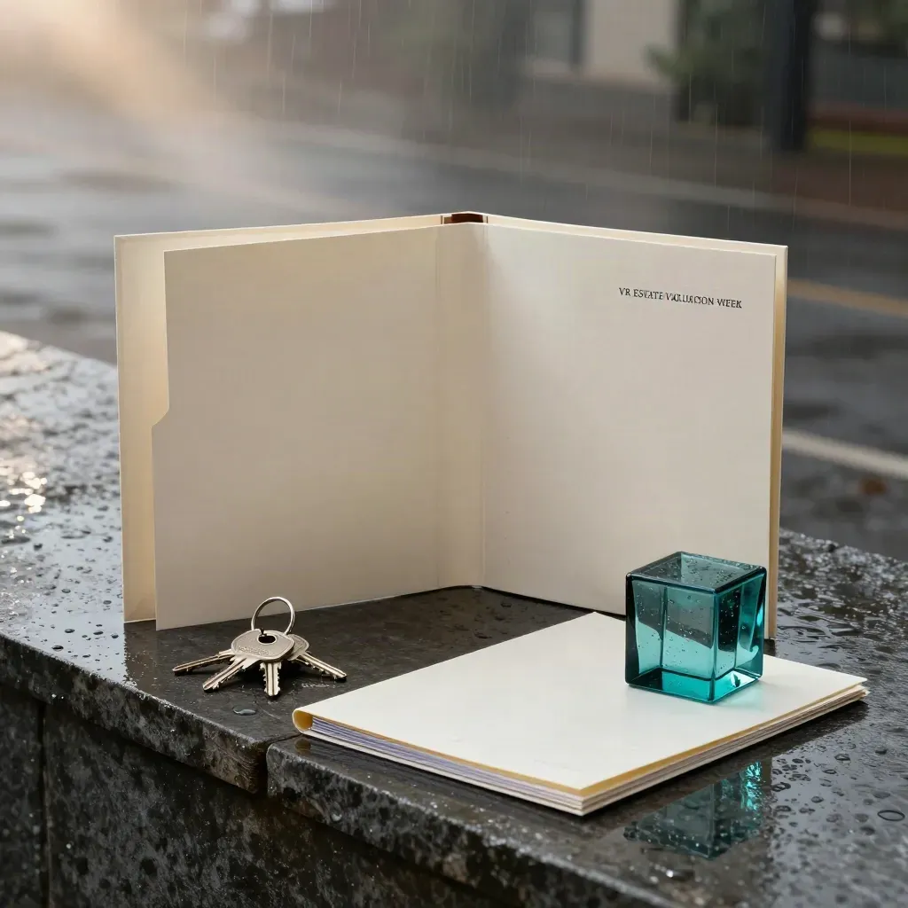 Cream folders, silver keys and teal glass cube on wet stone in rain mist.