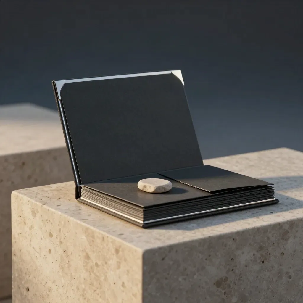 Charcoal South London sale pack with silver detail and stone token on a travertine plinth.