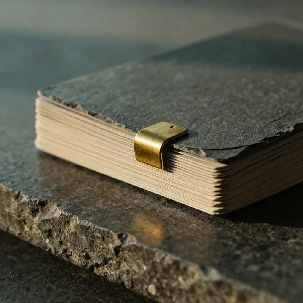 Slate tenant match bundle with brass clip and linen insert on dark stone, close and tactile.