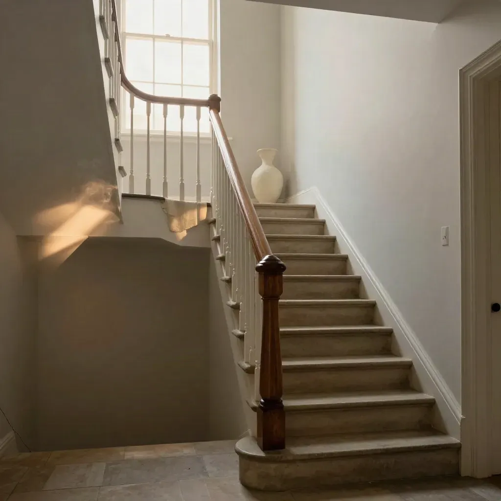 Sunlit Georgian stair landing with oak handrail and bright upper window glow