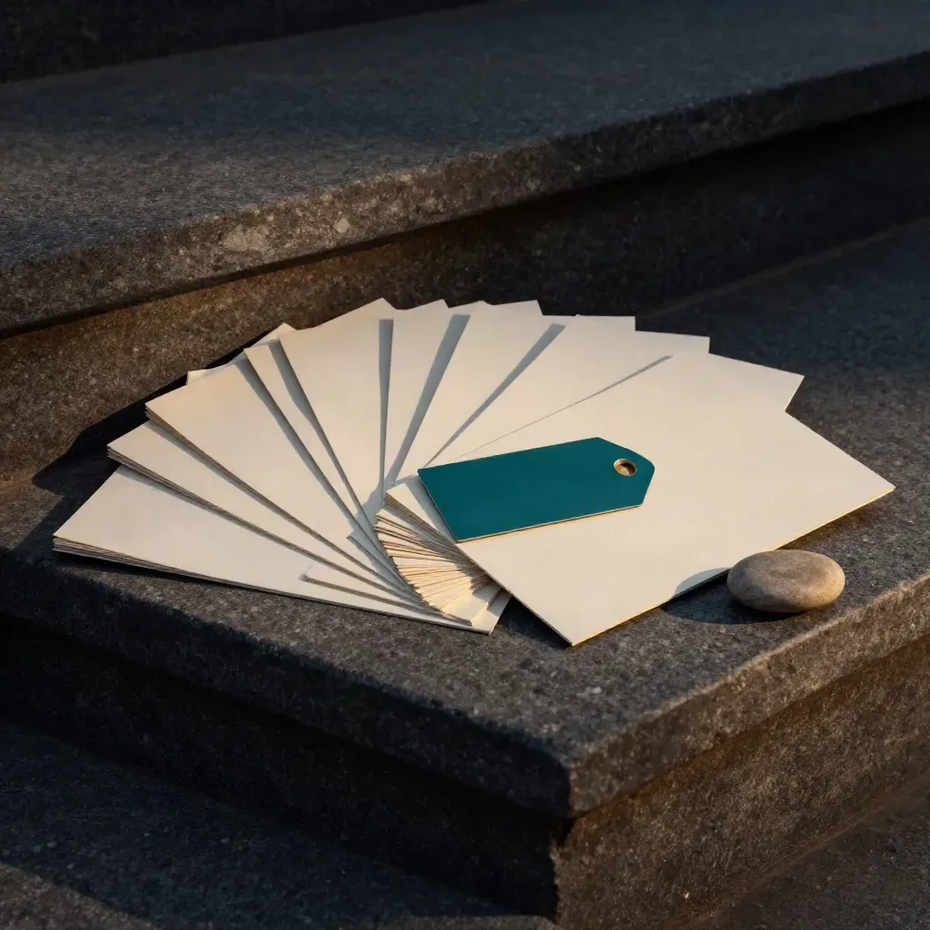 Cream and teal relocation pack fanned on a dark stone step with a smooth pebble.