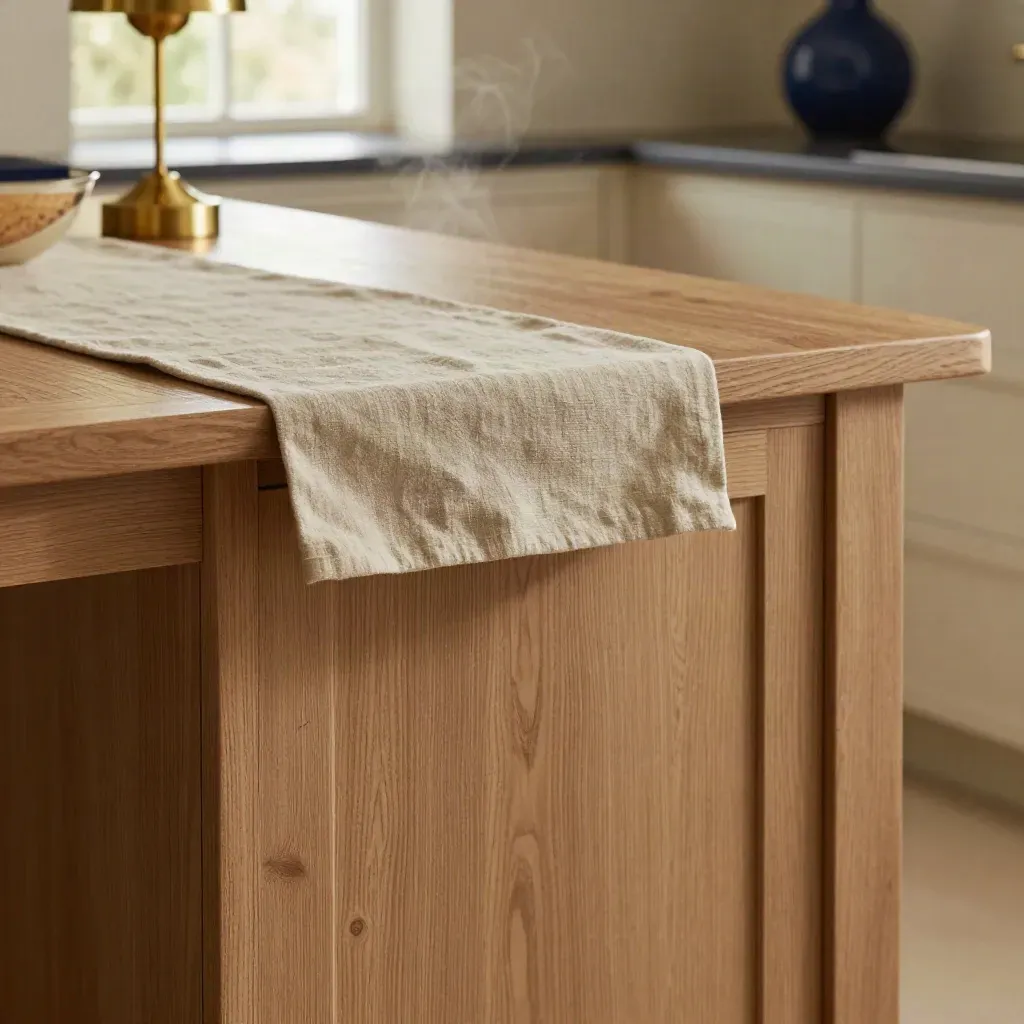 Oak kitchen island with brass lamp, linen runner, steam, and soft open copy space.