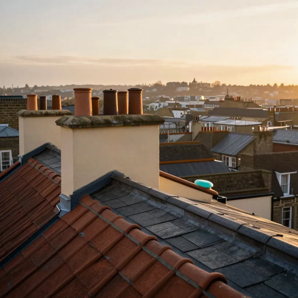 Golden rooftop with cream chimneys and a hazy city skyline at sunset.