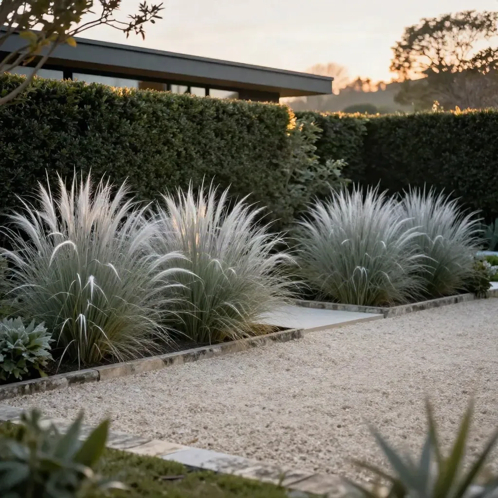 Low garden border with hedges, pale gravel and roofline in warm sunset haze