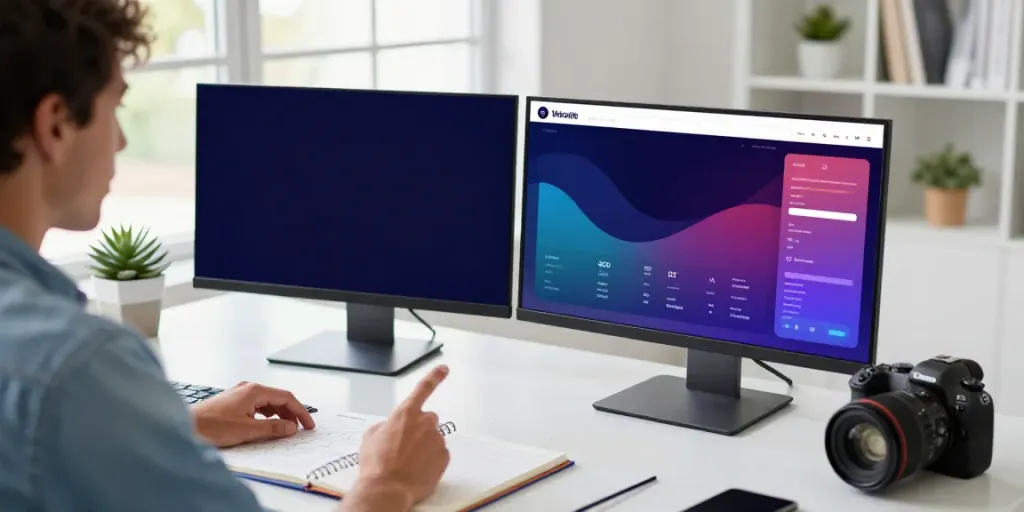 Marketer analyzing SEO metrics for instant indexing in a vibrant workspace.