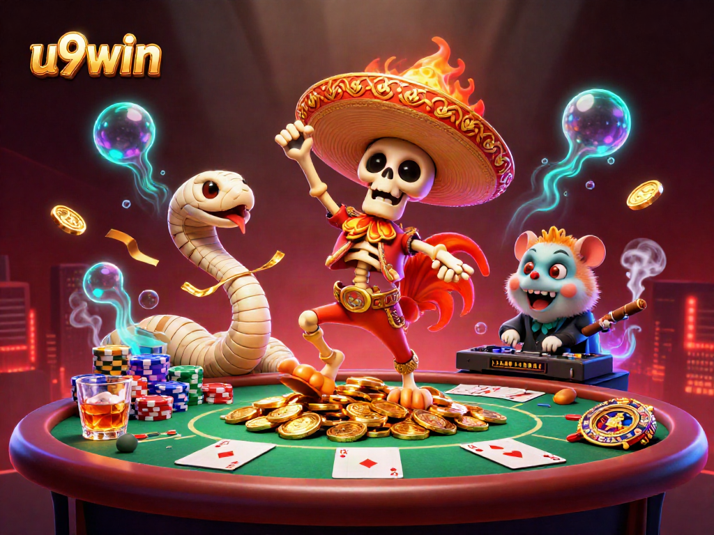 u9win showcases a lively victory dance in a 3D casino illustration packed with action and vibrant elements.