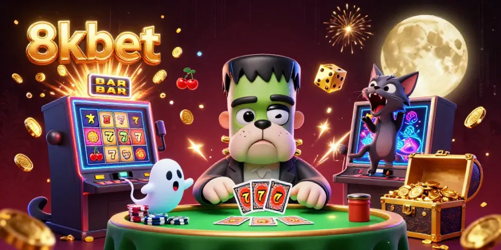 Join the fun at 8xbet with a vibrant casino scene featuring lively characters and dynamic game elements.