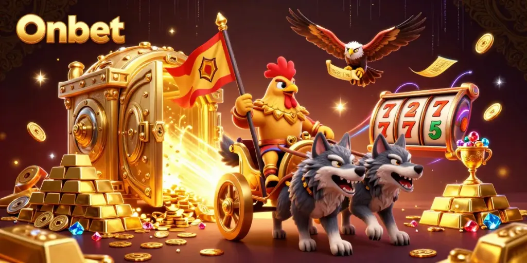 Experience the excitement of Onbet with a casino-themed 3D illustration featuring vibrant characters and treasures.