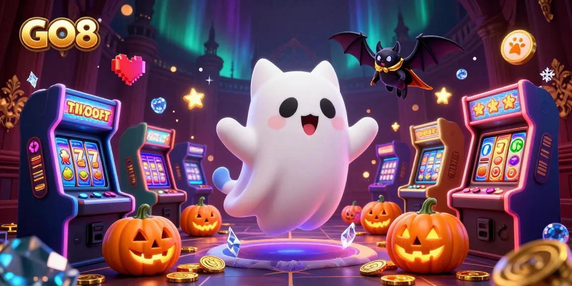 GO8's ghostly cat and bat animate a haunted casino with vibrant slot reels and spooky decor.