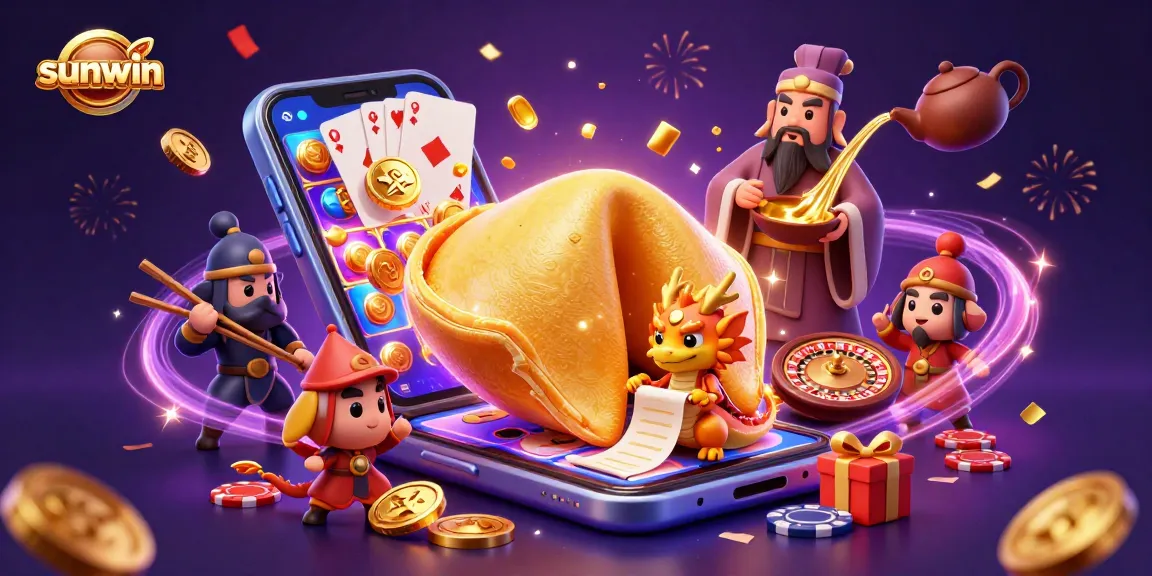 Sunwin brings excitement with a golden fortune cookie, dragon, and colorful casino elements.
