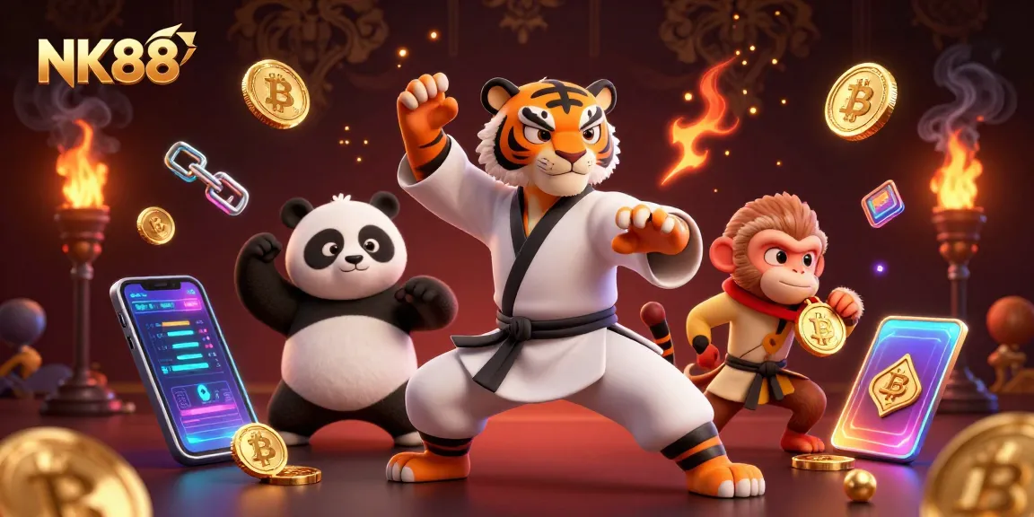 Experience big wins at NK88 with 3D characters in a vibrant casino scene filled with crypto elements.