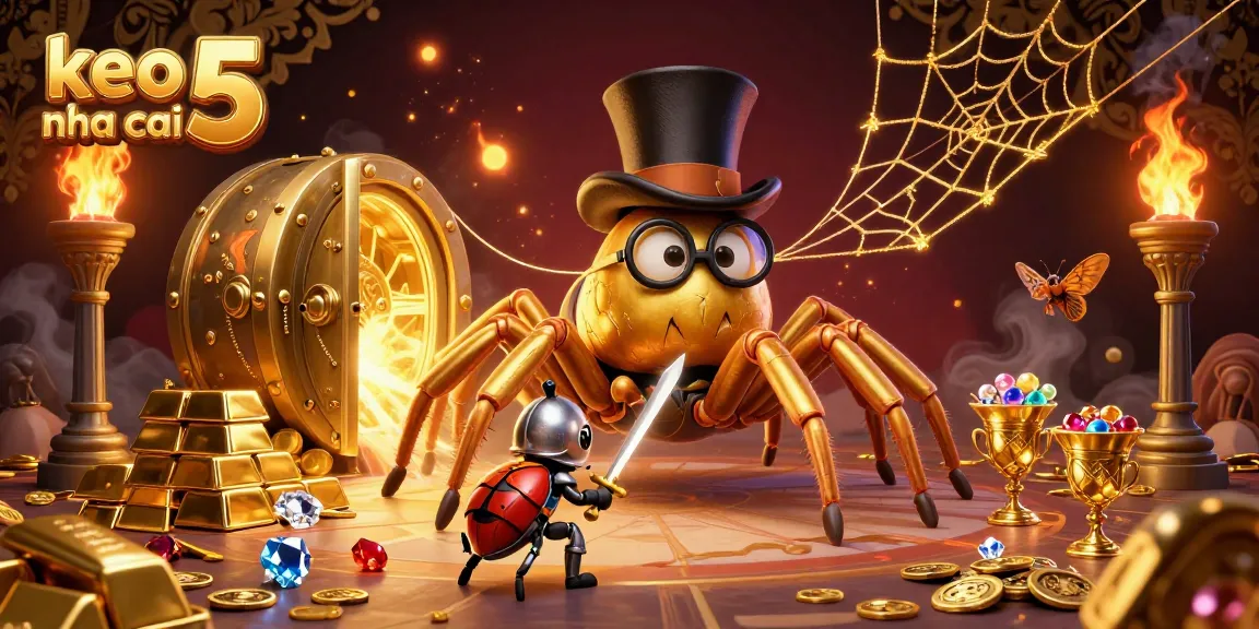 Engage with keo nha cai 5 through a thrilling 3D illustration depicting a golden tarantula and brave beetle knight.