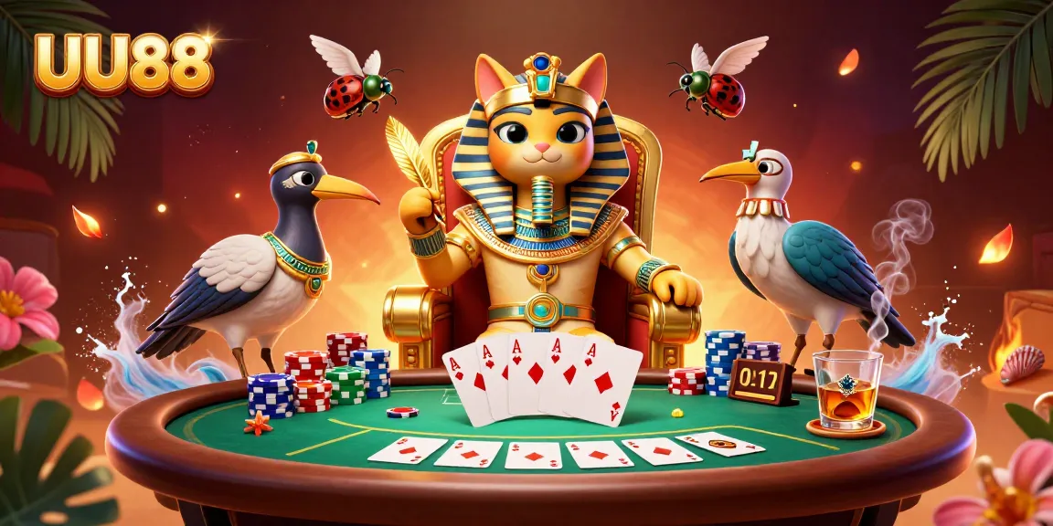 UU88 poker scene with a pharaoh cat and scribe, showcasing vibrant gambling elements.