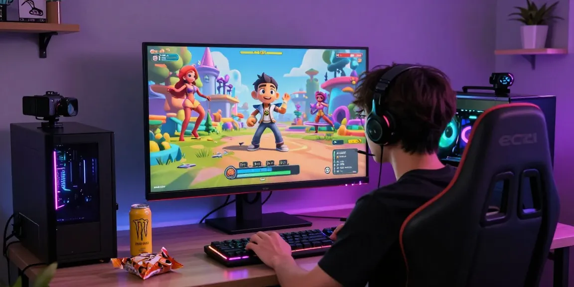 Engagement with ecchi games on a vibrant gaming setup showcasing colorful fantasy characters.