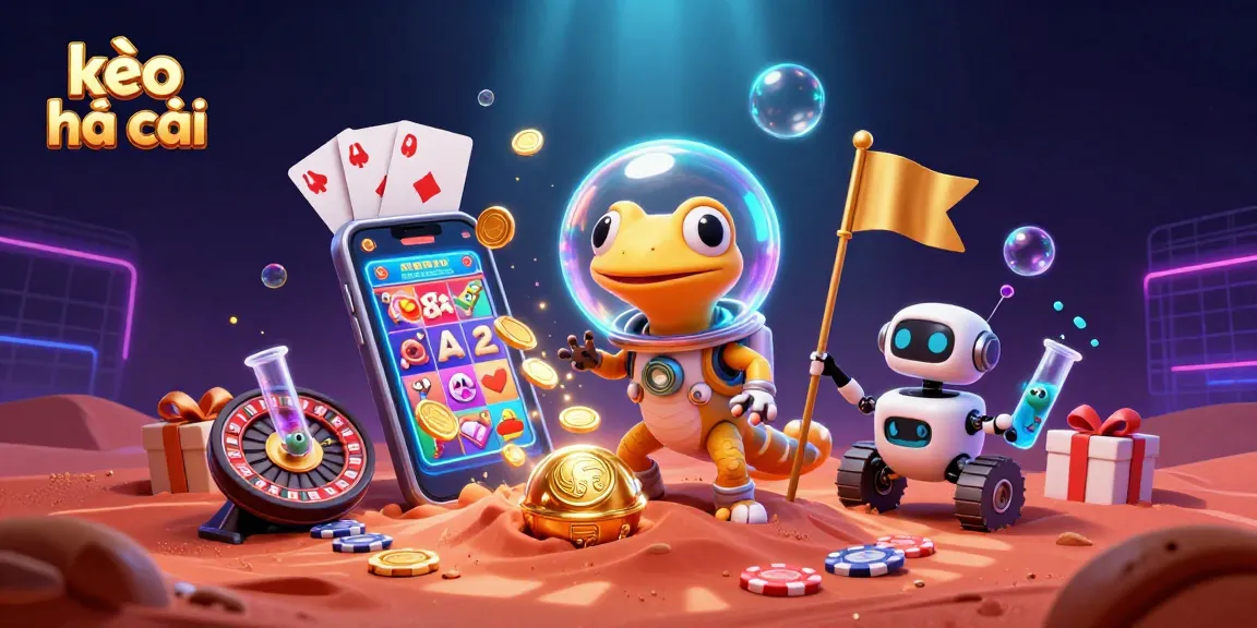 Engage with kèo nhà cái in this lively illustration featuring a Martian gecko and casino elements.