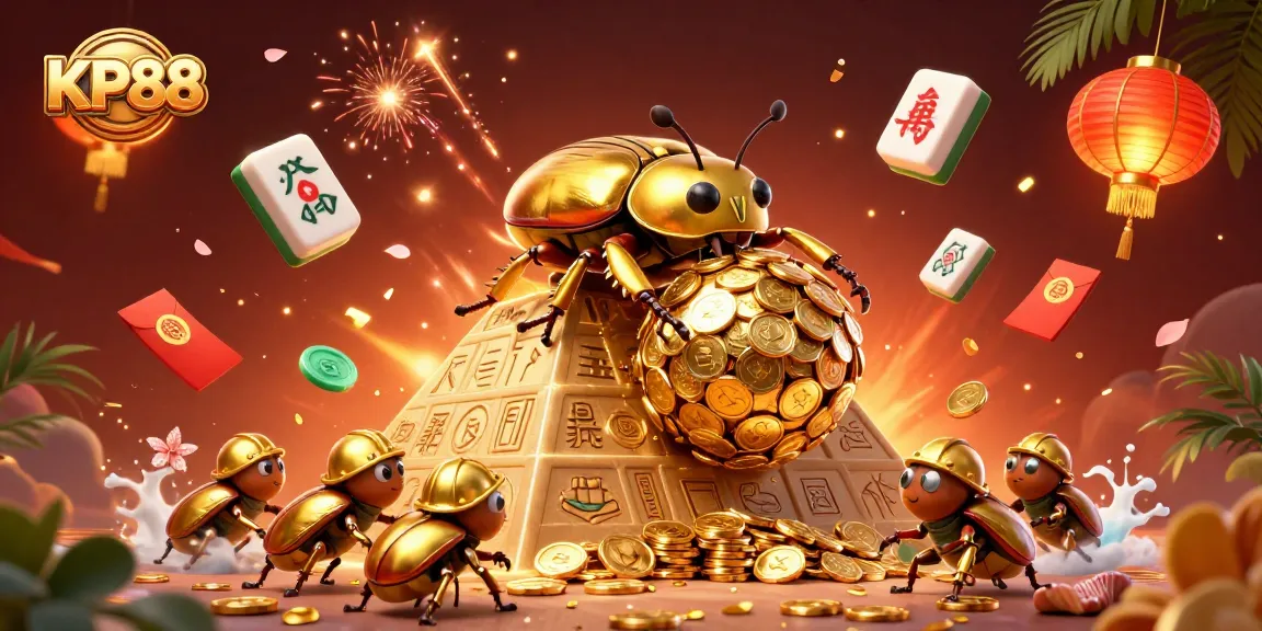 KP88 showcases a vibrant scene of fun with a golden dung beetle rolling coins in a lively casino atmosphere.