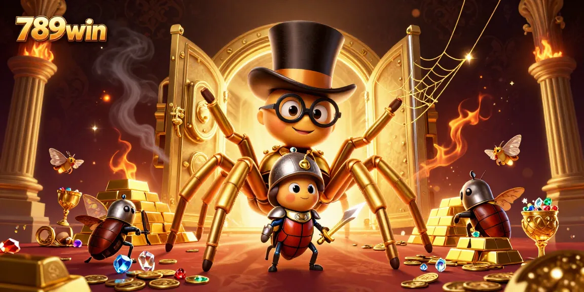 Engage with 789win's thrilling scene, featuring a golden tarantula and brave beetle knight in a vibrant casino.