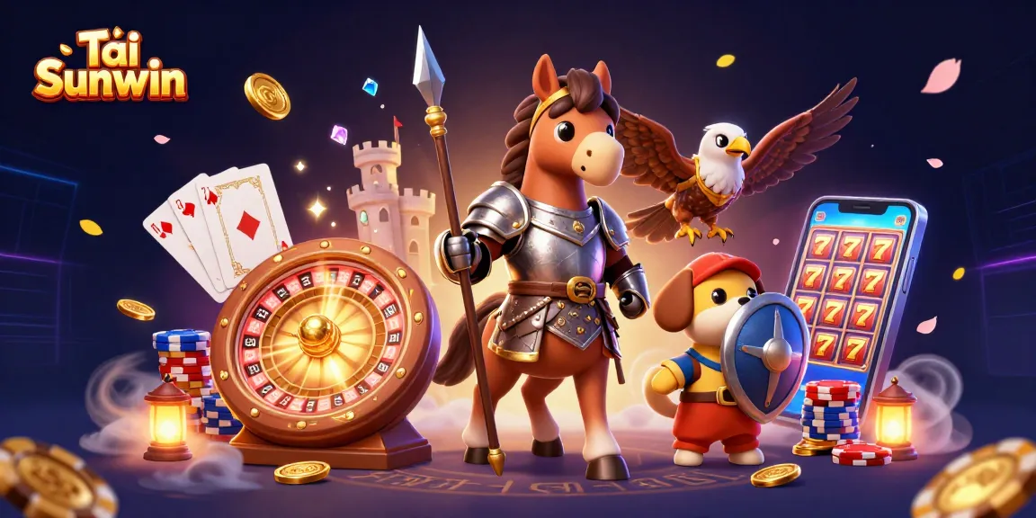 Experience the thrill of Tải Sunwin with characters in a dynamic casino scene featuring gold coins and poker elements.