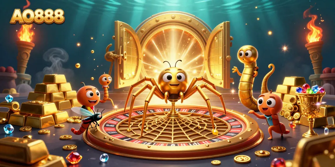 Engage with the AO888 casino experience, where a golden spider spins a roulette wheel web amid treasure and excitement.