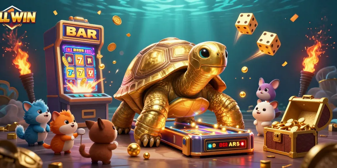 LL WIN presents an exciting 3D casino scene with a golden tortoise pinball machine, showcasing vibrant games and dynamic action.