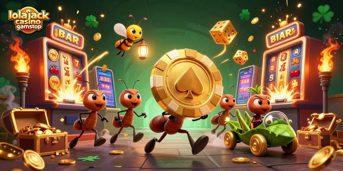 Experience the thrilling action of lolajack casino gamstop with a fun heist scene featuring ants and golden poker chips.